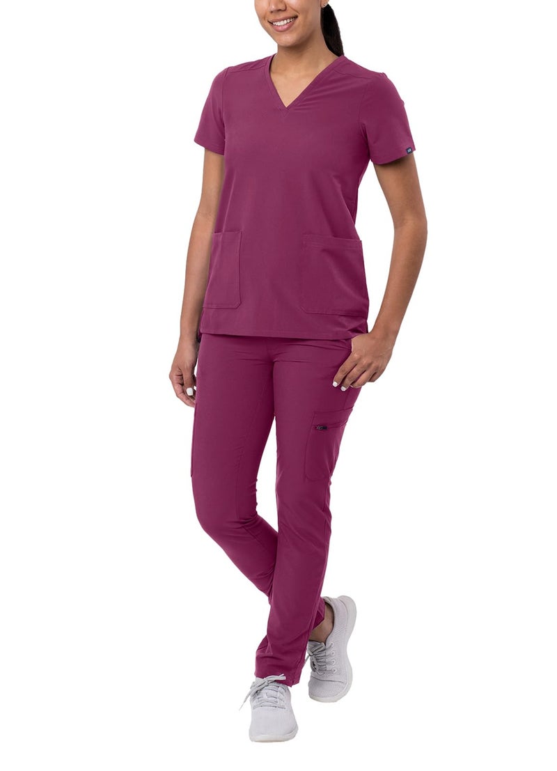 Adar Uniforms Adar Addition Scrubs Set for Women - Stretch V-Neck Scrub Top & Skinny Cargo Scrub Pants, 10 Pockets - A9200 - Wine - M - Image 1